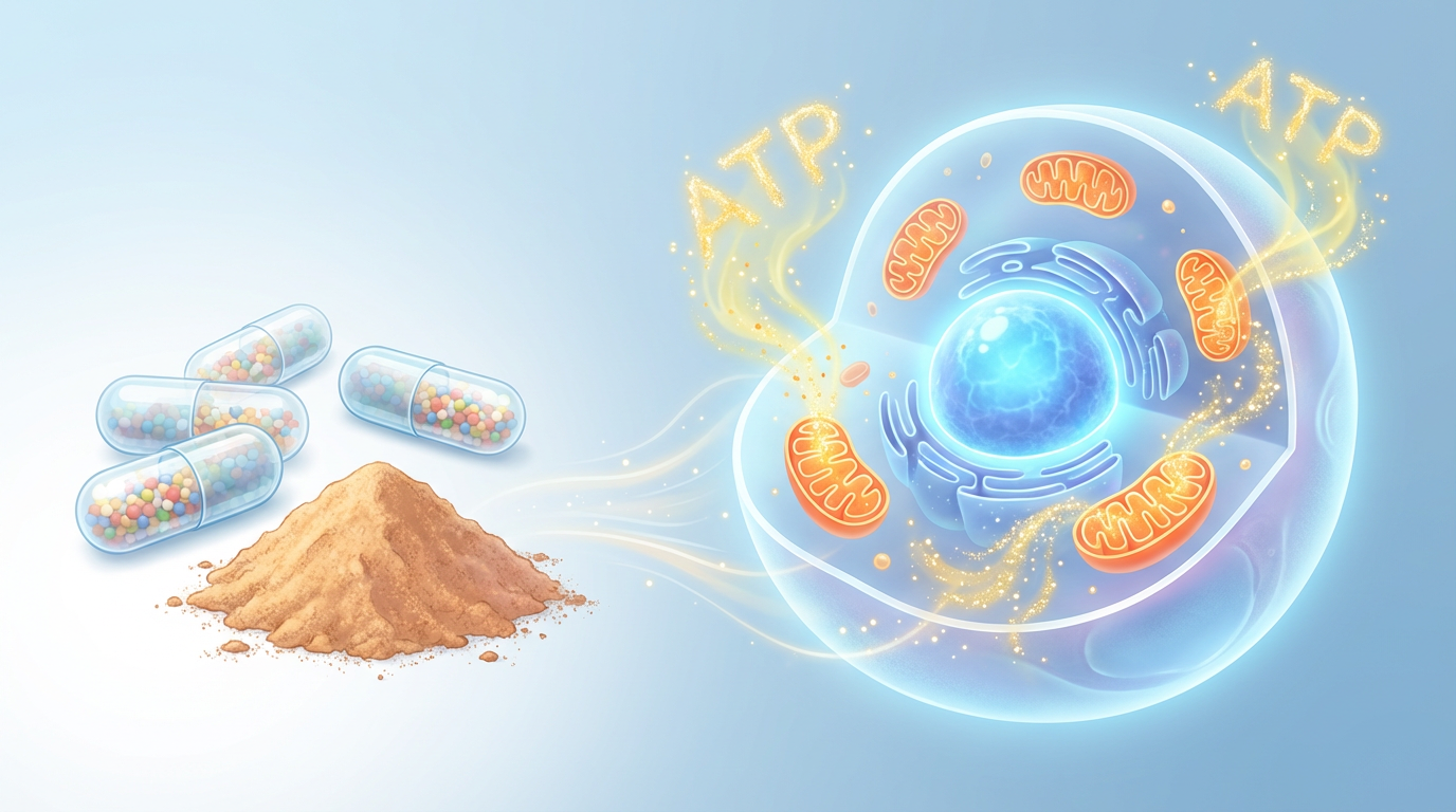 Cápsulas de suplemento ao lado de célula com mitocôndrias